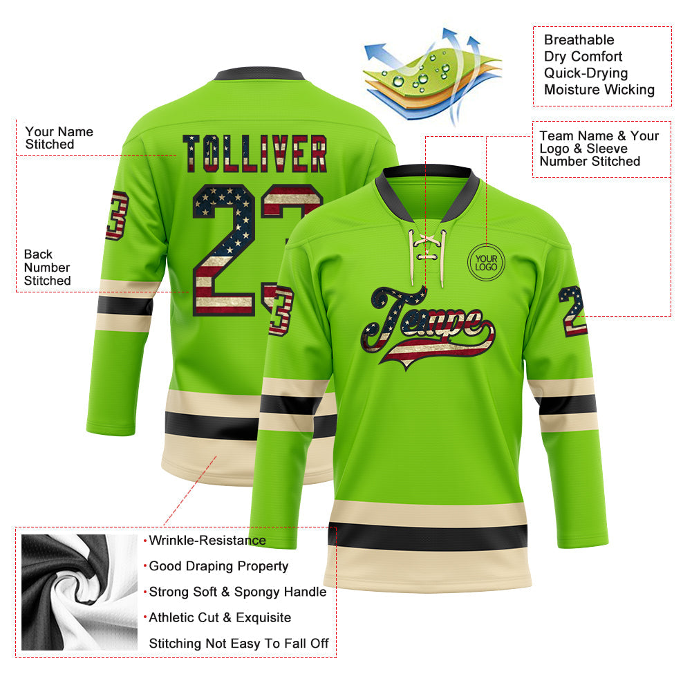 Custom Neon Green Vintage USA Flag Black-Cream Hockey Lace Neck Jersey - Sky-Custom