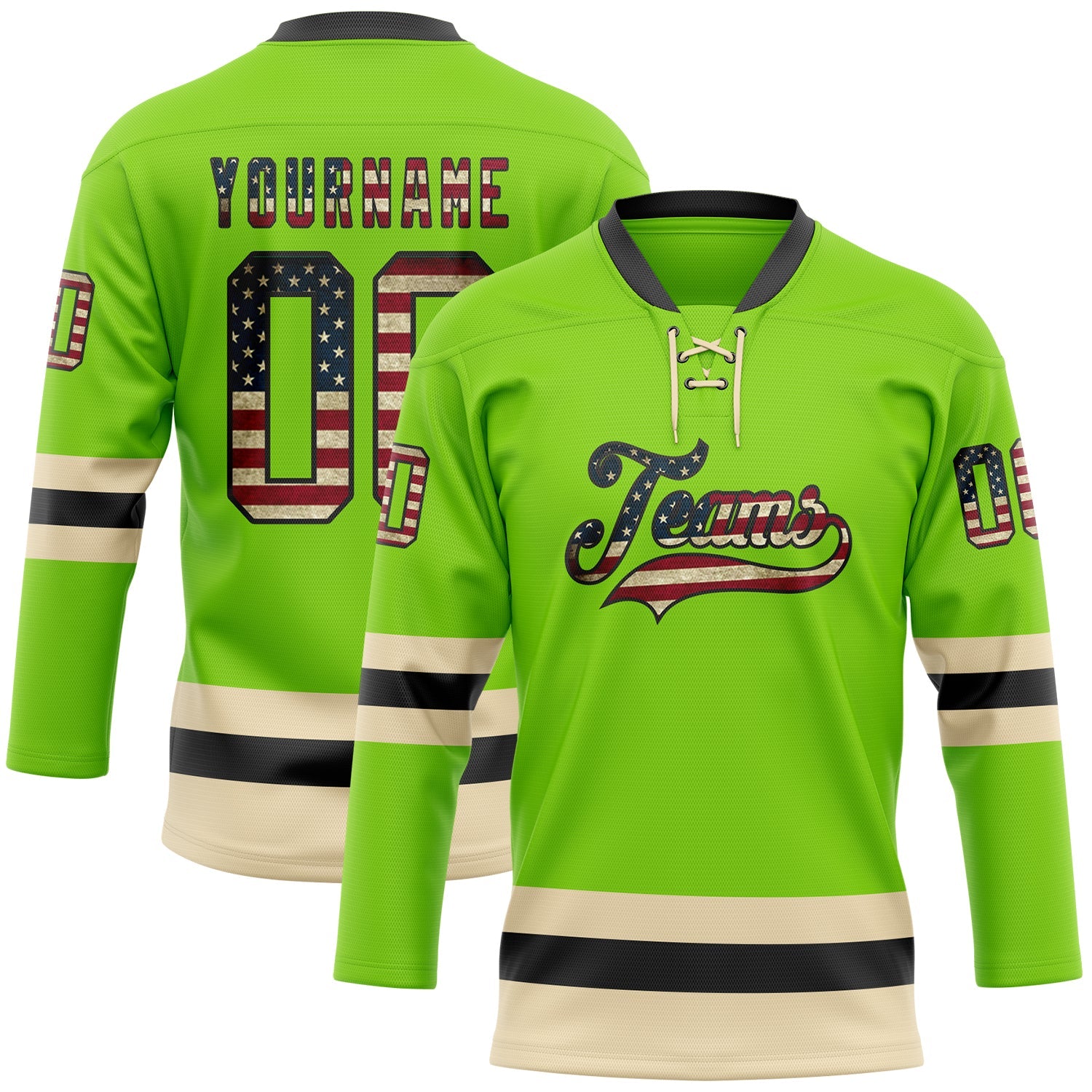 Custom Neon Green Vintage USA Flag Black-Cream Hockey Lace Neck Jersey - Sky-Custom