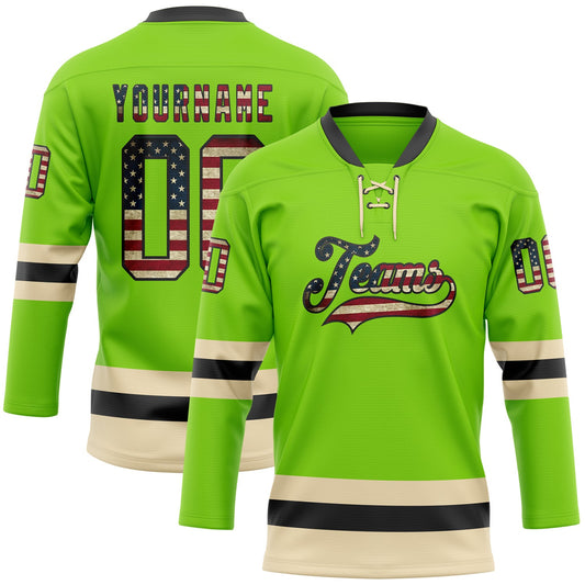 Custom Neon Green Vintage USA Flag Black-Cream Hockey Lace Neck Jersey - Sky-Custom