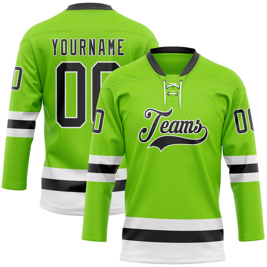 Custom Neon Green Black-White Hockey Lace Neck Jersey - Sky-Custom