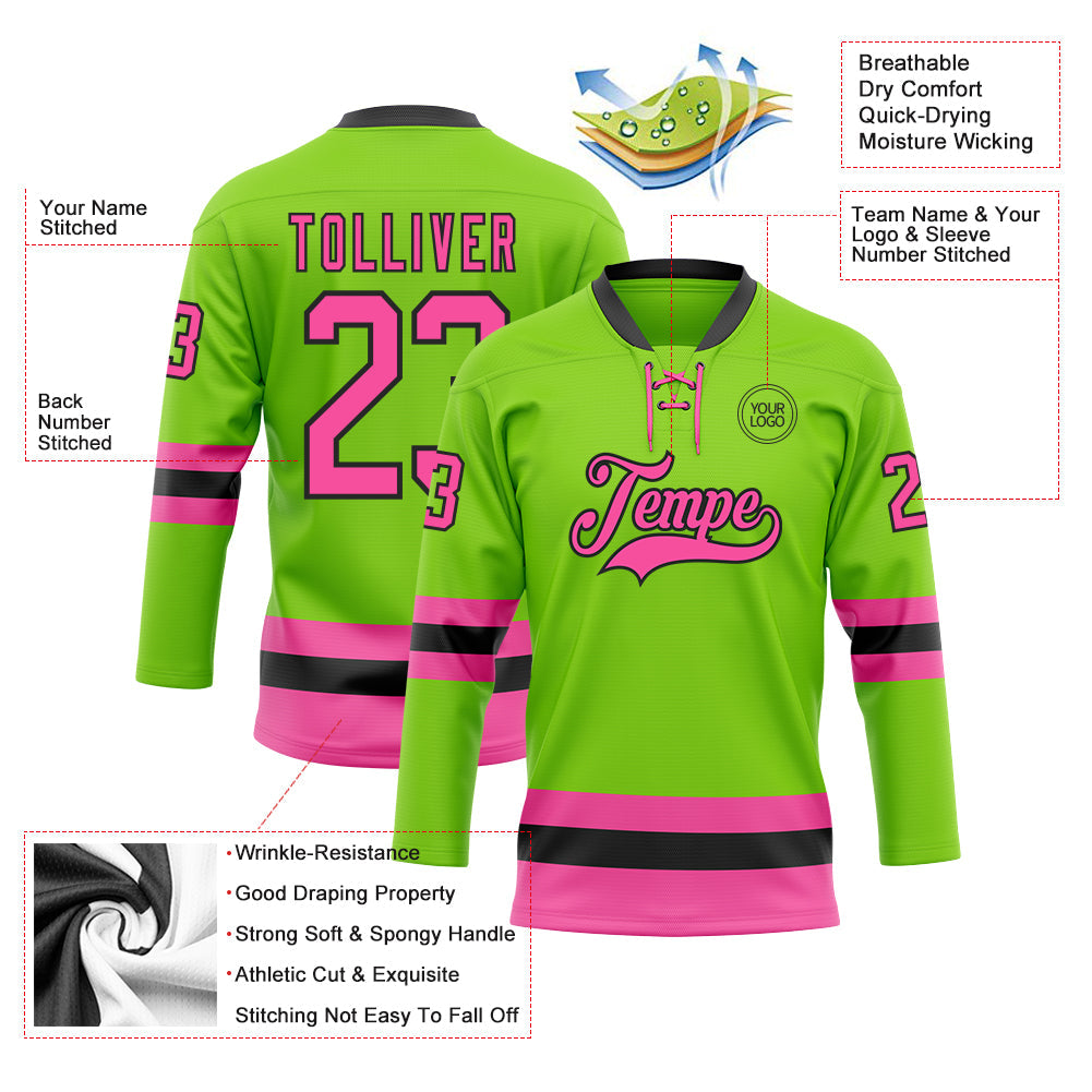 Custom Neon Green Pink-Black Hockey Lace Neck Jersey - Sky-Custom