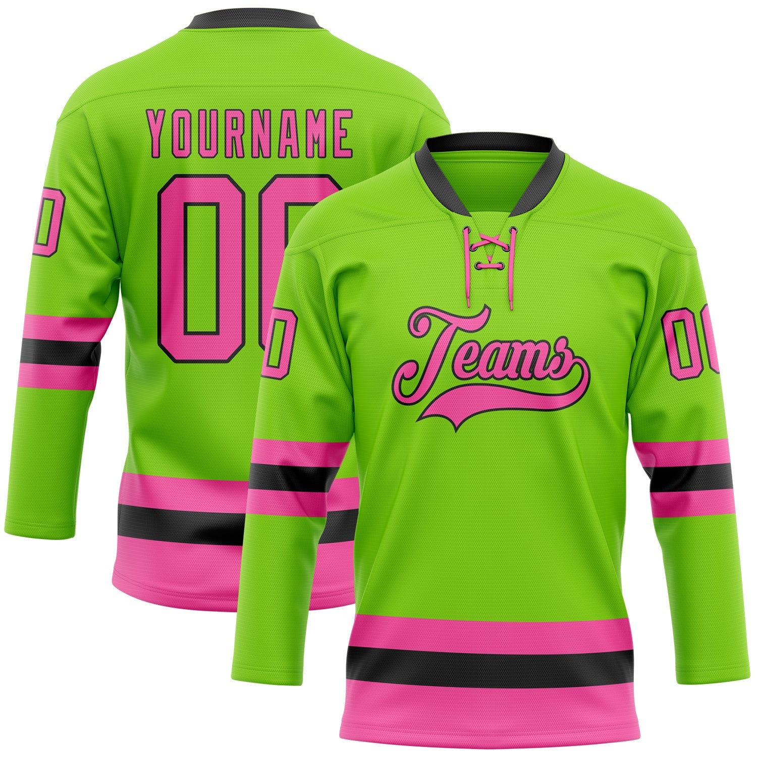 Custom Neon Green Pink-Black Hockey Lace Neck Jersey - Sky-Custom