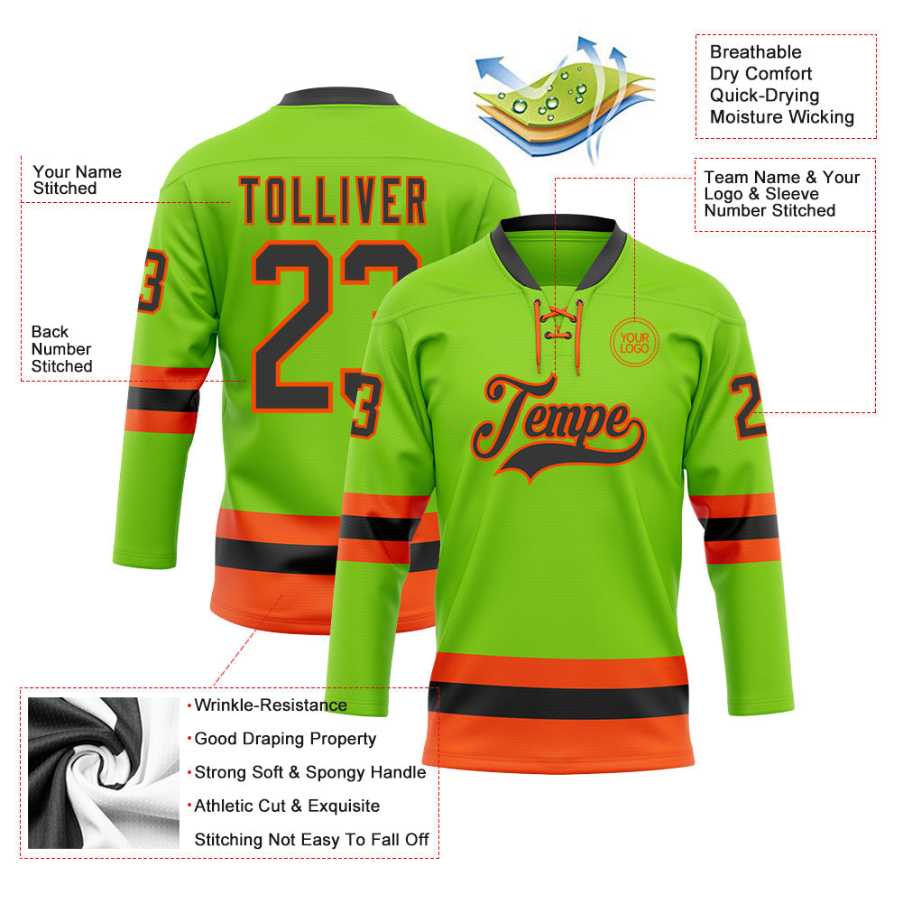 Custom Neon Green Black-Orange Hockey Lace Neck Jersey - Sky-Custom