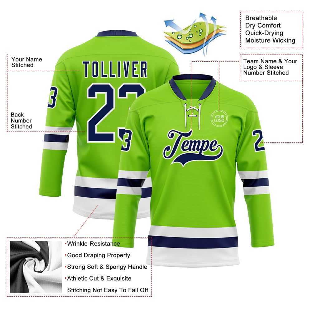 Custom Neon Green Navy-White Hockey Lace Neck Jersey - Sky-Custom