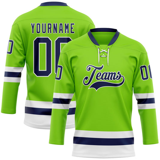 Custom Neon Green Navy-White Hockey Lace Neck Jersey - Sky-Custom