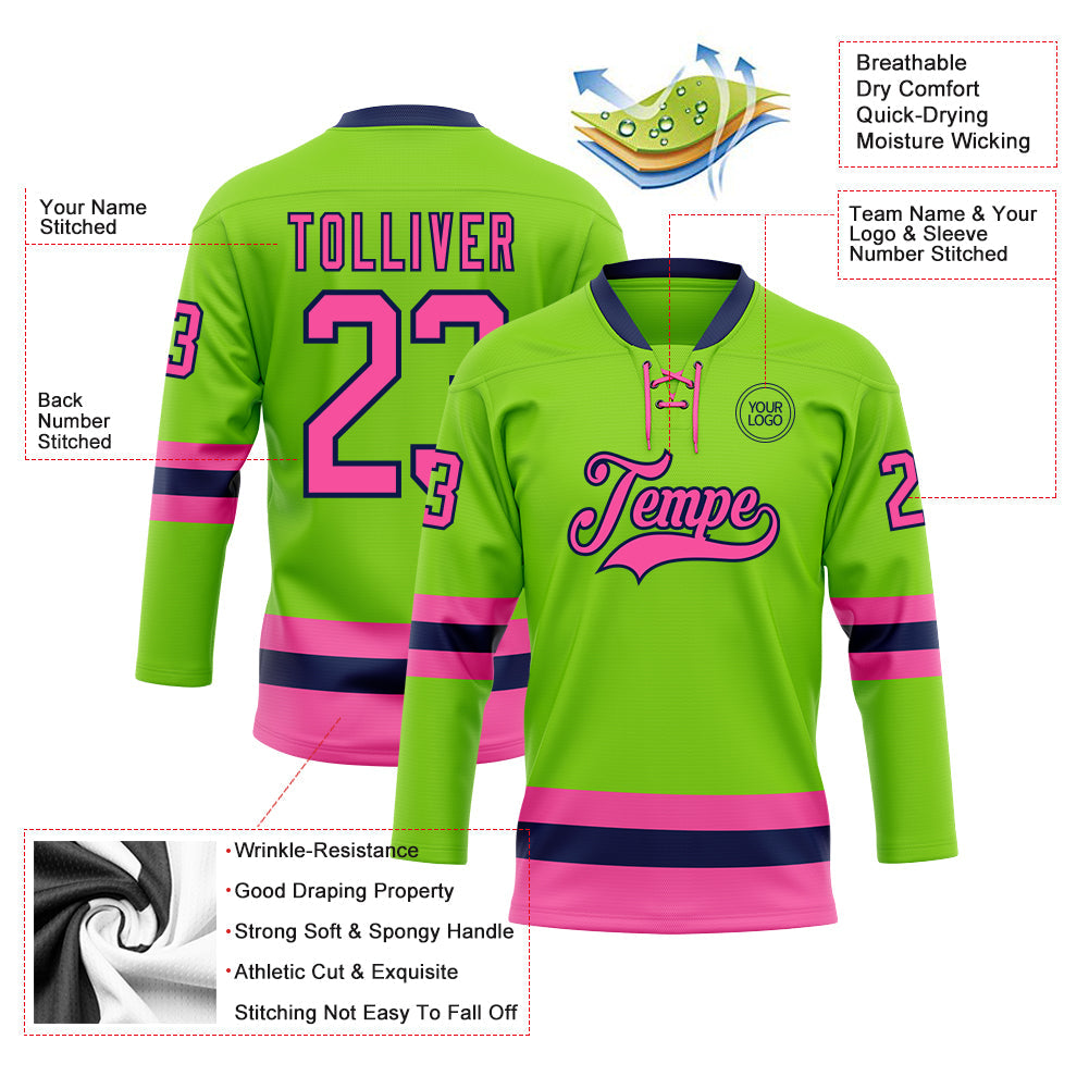 Custom Neon Green Pink-Navy Hockey Lace Neck Jersey - Sky-Custom