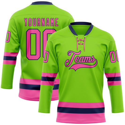 Custom Neon Green Pink-Navy Hockey Lace Neck Jersey - Sky-Custom