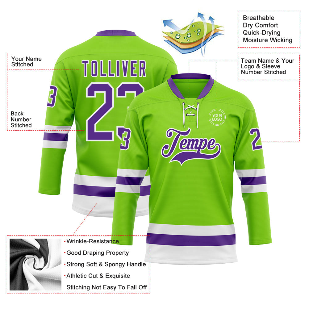 Custom Neon Green Purple-White Hockey Lace Neck Jersey - Sky-Custom