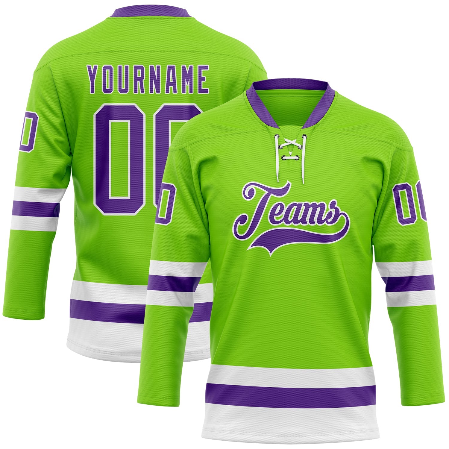 Custom Neon Green Purple-White Hockey Lace Neck Jersey - Sky-Custom