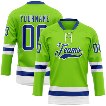 Custom Neon Green Royal-White Hockey Lace Neck Jersey - Sky-Custom