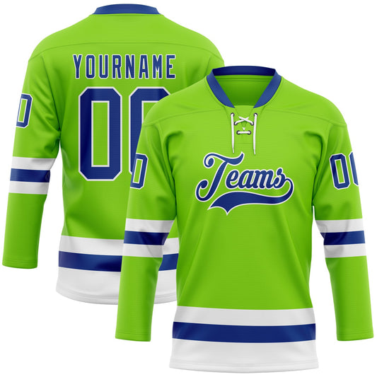 Custom Neon Green Royal-White Hockey Lace Neck Jersey - Sky-Custom