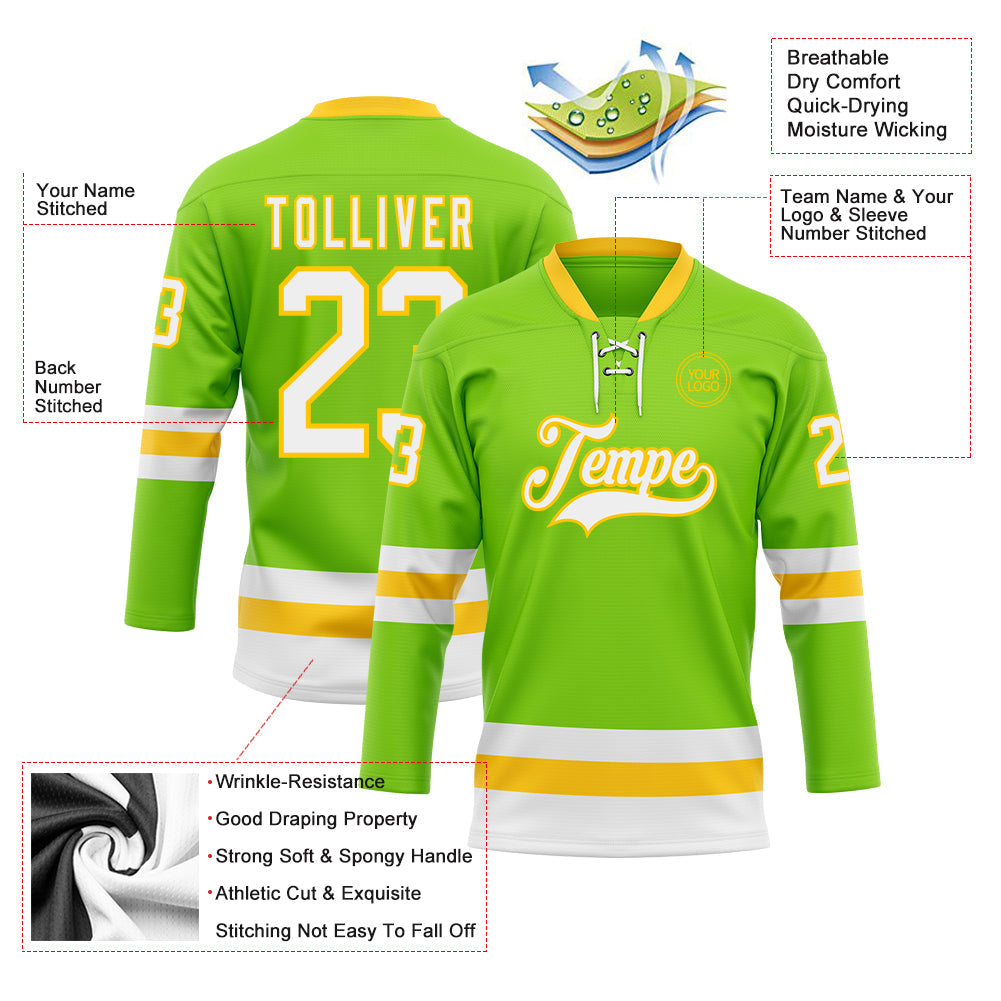 Custom Neon Green White-Yellow Hockey Lace Neck Jersey - Sky-Custom