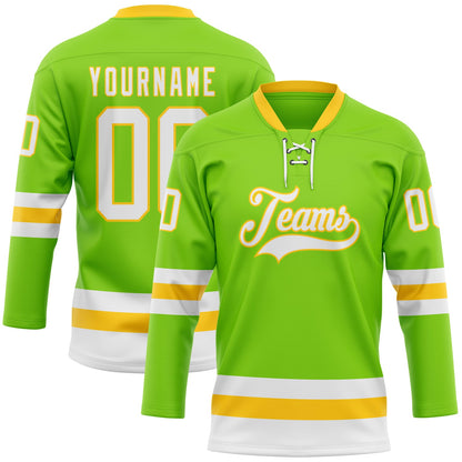 Custom Neon Green White-Yellow Hockey Lace Neck Jersey - Sky-Custom