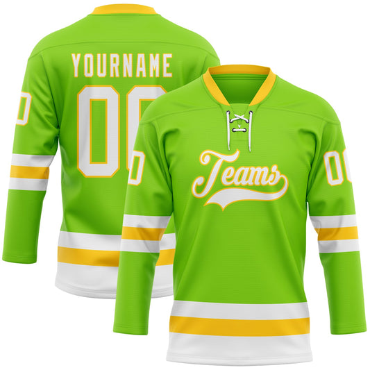 Custom Neon Green White-Yellow Hockey Lace Neck Jersey - Sky-Custom