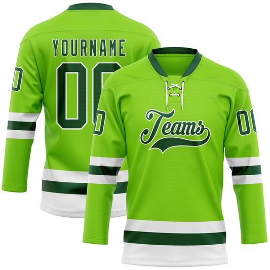 Custom Neon Green Green-White Hockey Lace Neck Jersey - Sky-Custom