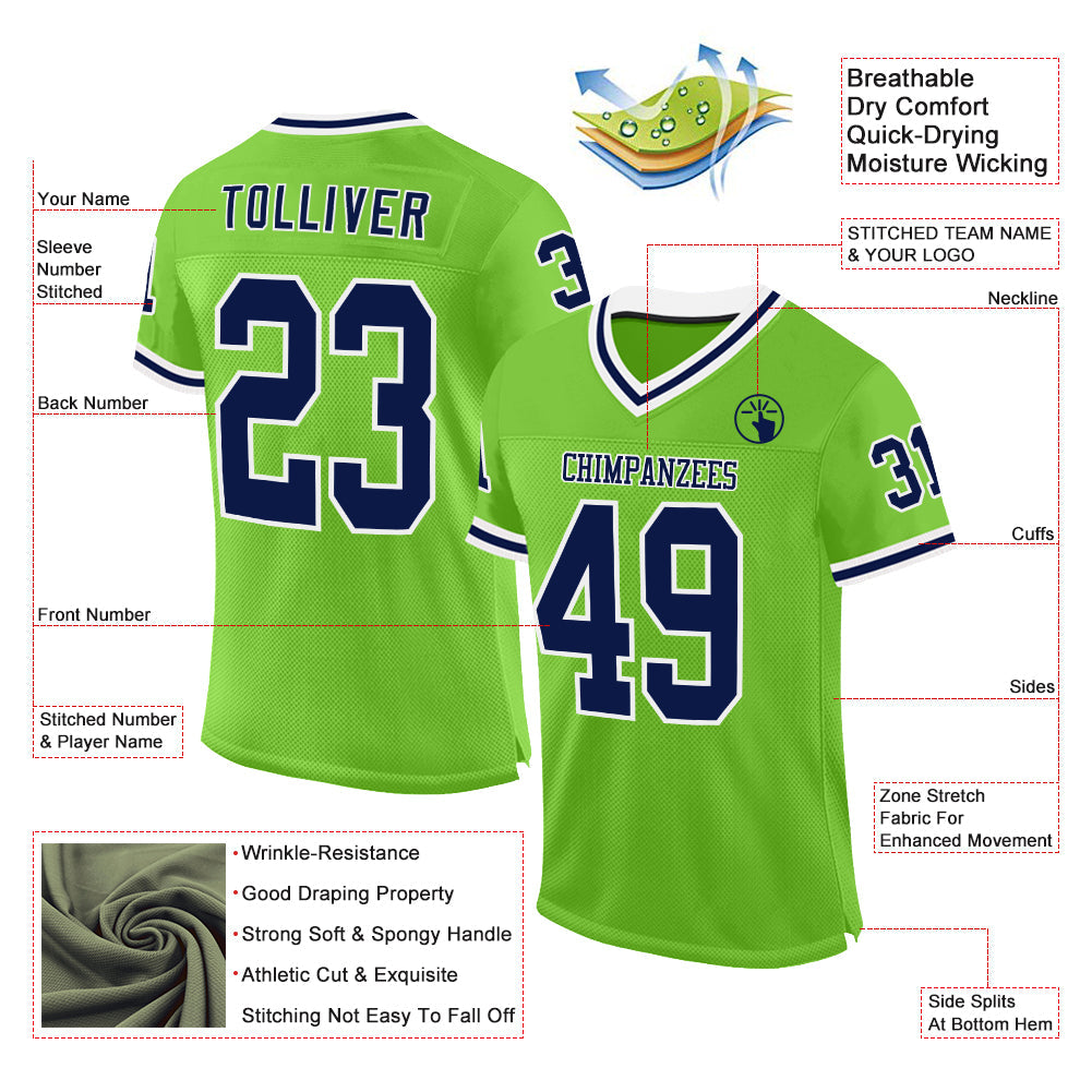 Custom Neon Green Navy-White Mesh Authentic Throwback Football Jersey - Sky-Custom