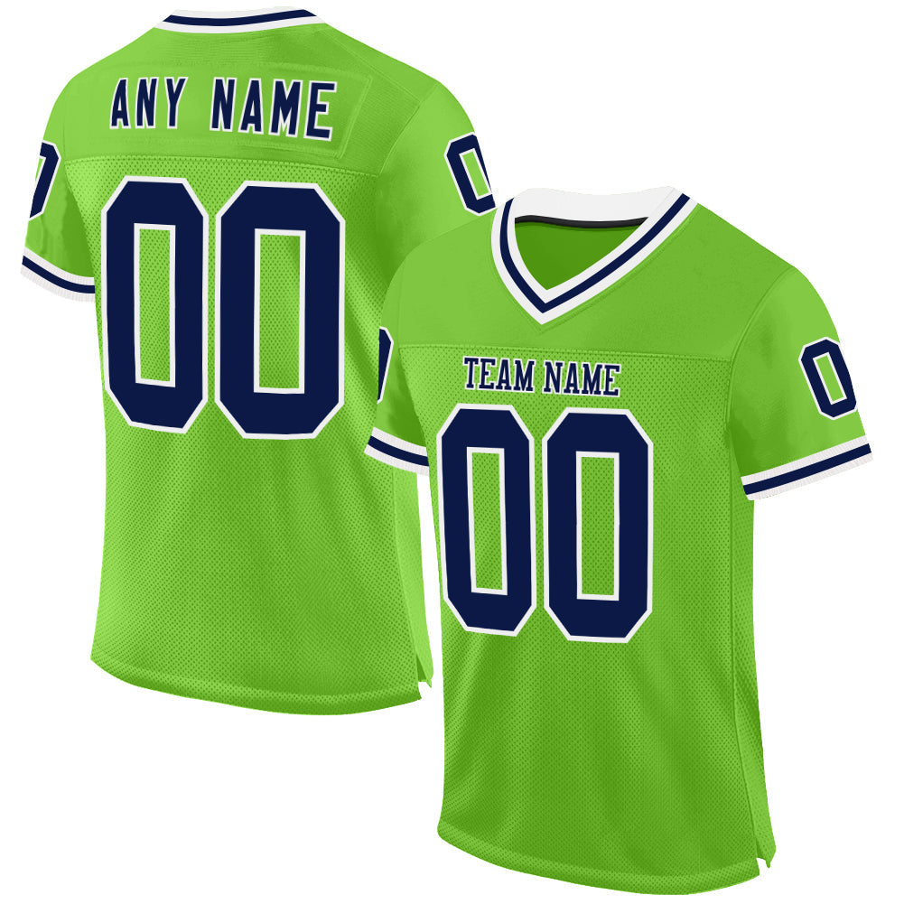 Custom Neon Green Navy-White Mesh Authentic Throwback Football Jersey - Sky-Custom