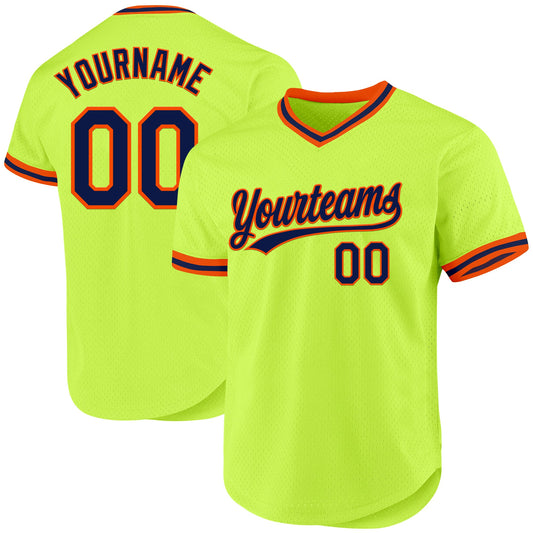 Custom Neon Green Navy-Orange Authentic Throwback Baseball Jersey - Sky-Custom