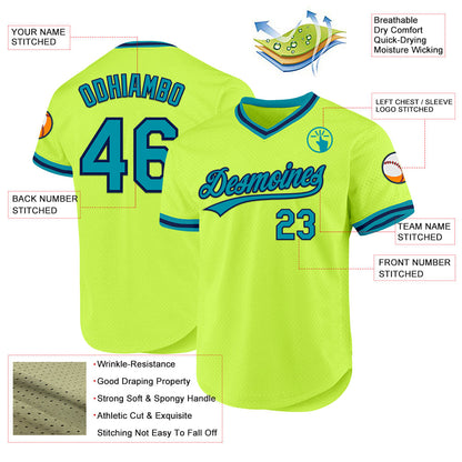 Custom Neon Green Teal-Navy Authentic Throwback Baseball Jersey - Sky-Custom