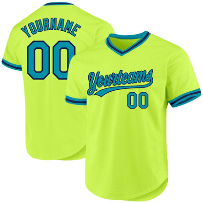 Custom Neon Green Teal-Navy Authentic Throwback Baseball Jersey - Sky-Custom