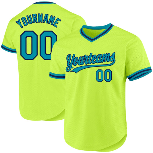 Custom Neon Green Teal-Navy Authentic Throwback Baseball Jersey - Sky-Custom