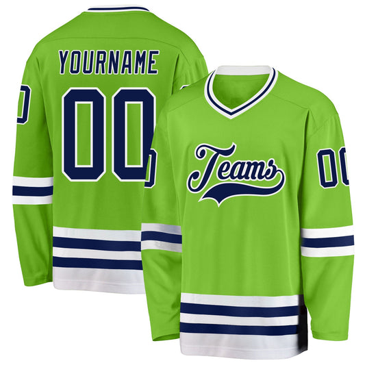 Custom Neon Green Navy-White Hockey Jersey - Sky-Custom