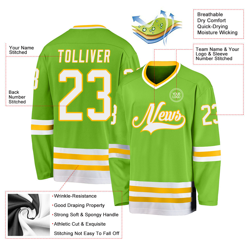 Custom Neon Green White-Gold Hockey Jersey - Sky-Custom