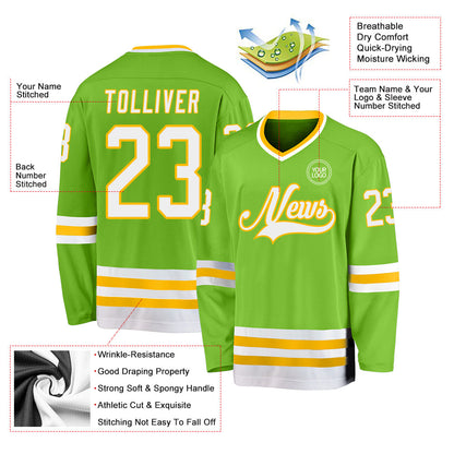Custom Neon Green White-Gold Hockey Jersey - Sky-Custom