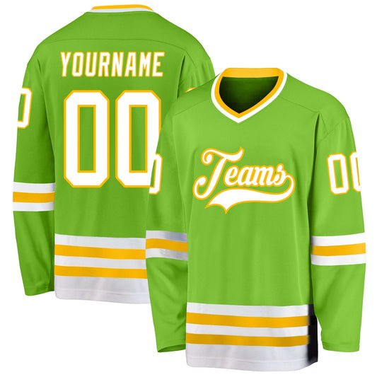 Custom Neon Green White-Gold Hockey Jersey - Sky-Custom