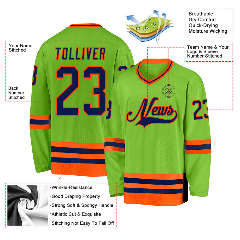 Custom Neon Green Navy-Orange Hockey Jersey - Sky-Custom