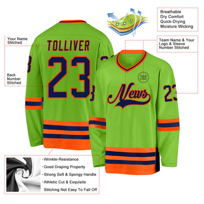 Custom Neon Green Navy-Orange Hockey Jersey - Sky-Custom