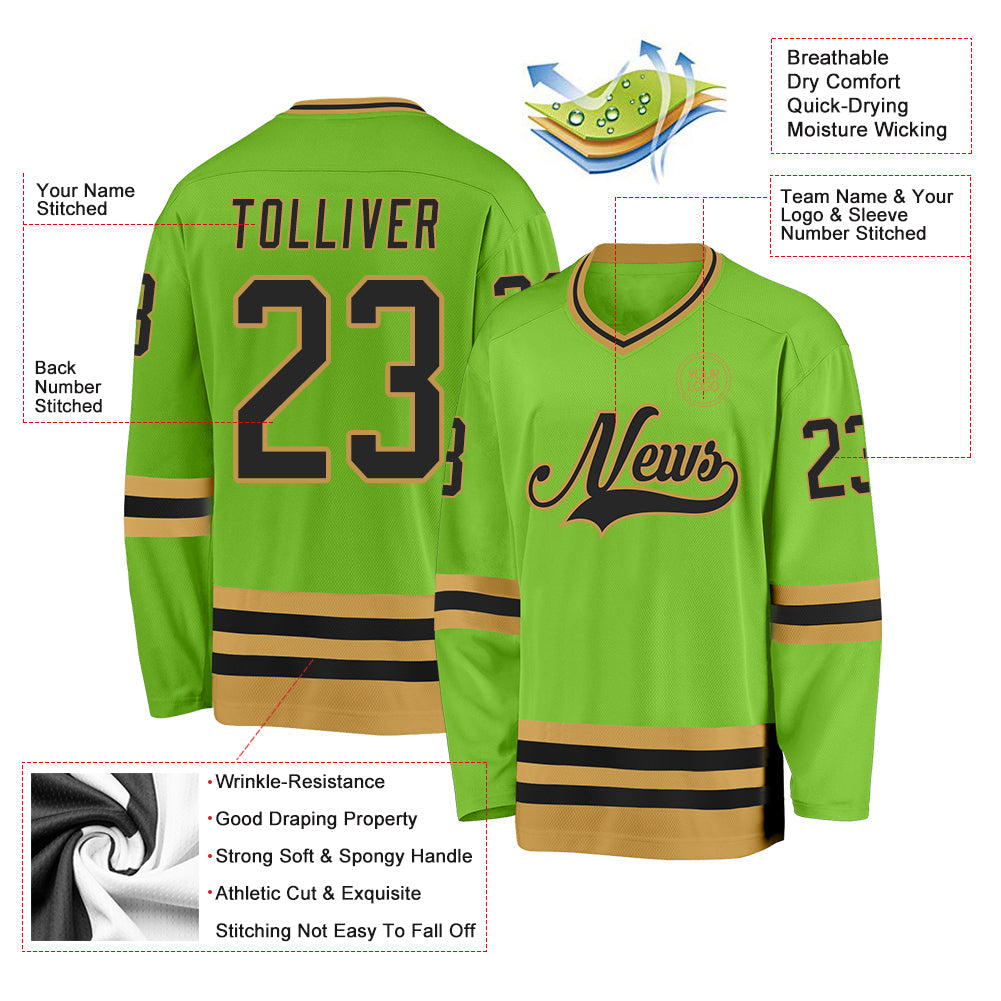 Custom Neon Green Black-Old Gold Hockey Jersey - Sky-Custom