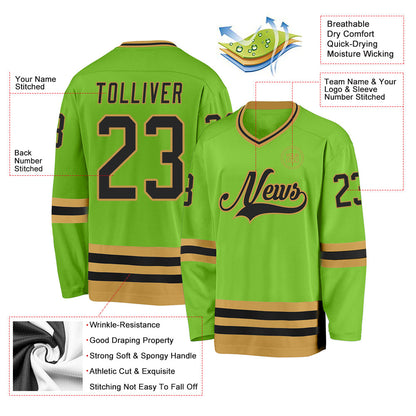 Custom Neon Green Black-Old Gold Hockey Jersey - Sky-Custom