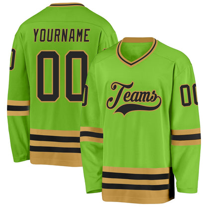 Custom Neon Green Black-Old Gold Hockey Jersey - Sky-Custom