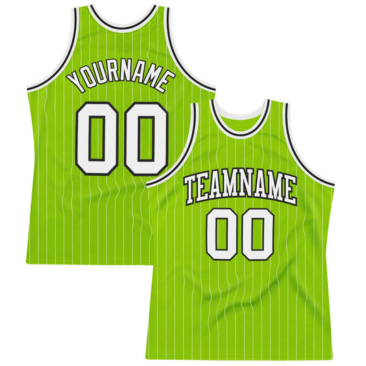 Custom Neon Green White Pinstripe Black Authentic Basketball Jersey - Sky-Custom