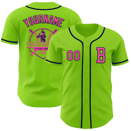 Custom Neon Green Pink-Navy Authentic Baseball Jersey - Sky-Custom