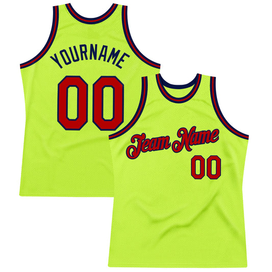 Custom Neon Green Red-Navy Authentic Throwback Basketball Jersey - Sky-Custom
