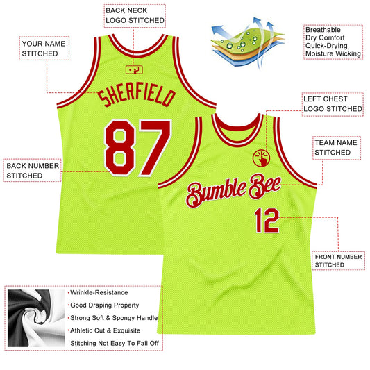 Custom Neon Green Red-White Authentic Throwback Basketball Jersey - Sky-Custom