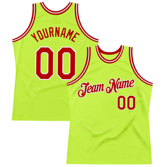 Custom Neon Green Red-White Authentic Throwback Basketball Jersey - Sky-Custom