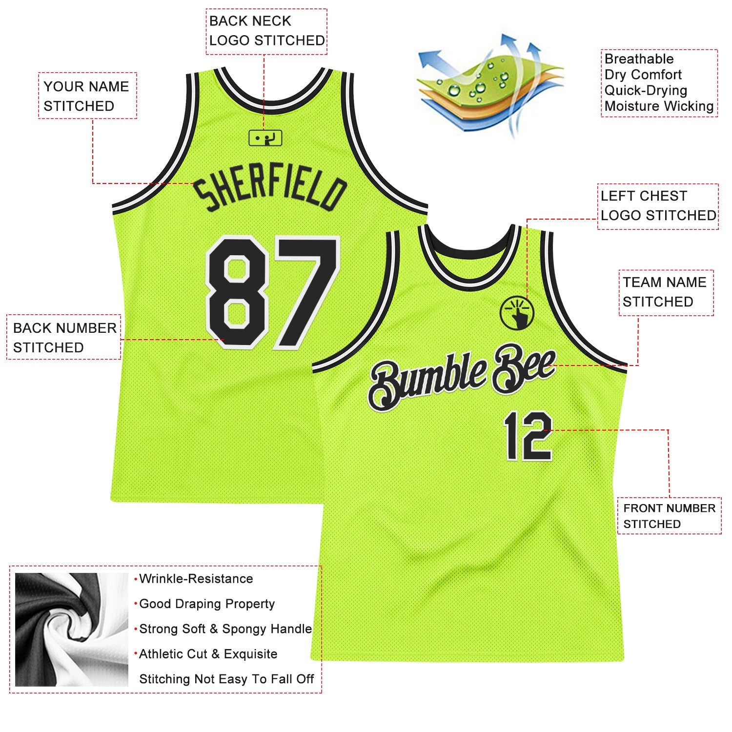 Custom Neon Green Black-White Authentic Throwback Basketball Jersey - Sky-Custom