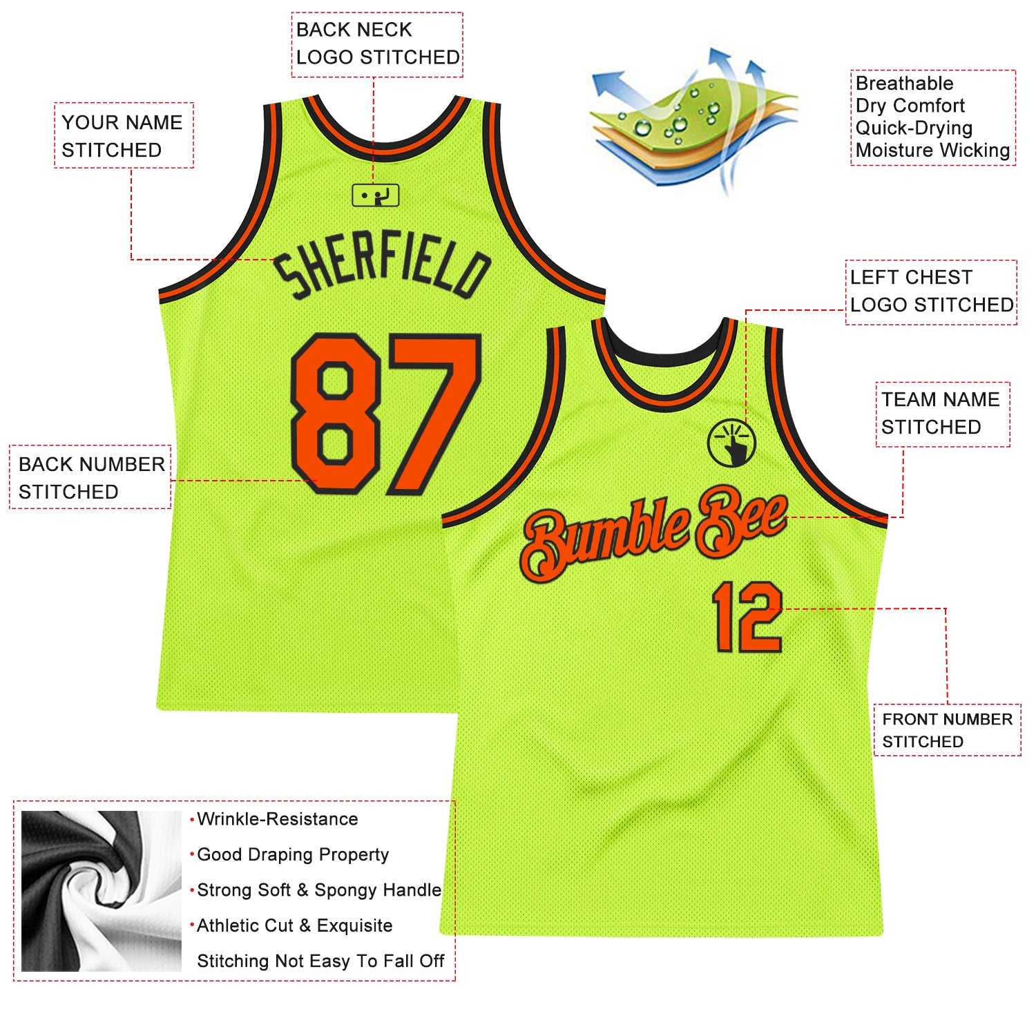 Custom Neon Green Orange-Black Authentic Throwback Basketball Jersey - Sky-Custom