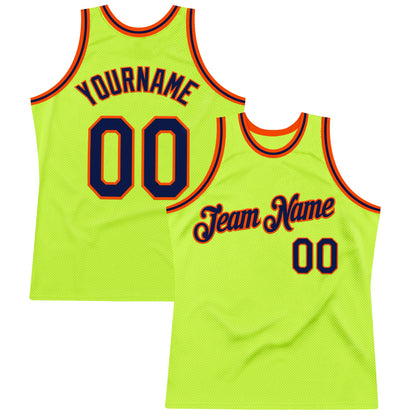 Custom Neon Green Navy-Orange Authentic Throwback Basketball Jersey - Sky-Custom