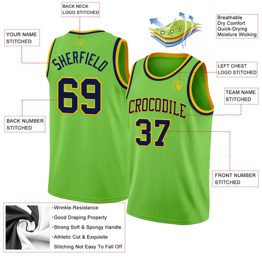 Custom Neon Green Navy-Gold Authentic Basketball Jersey - Sky-Custom