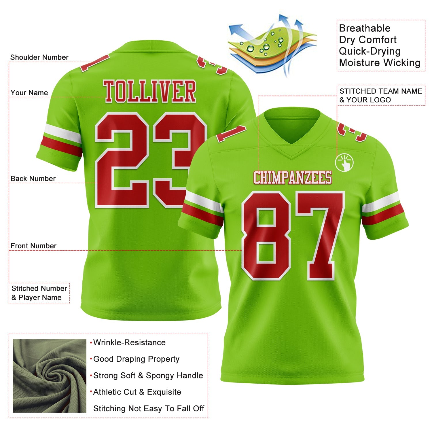 Custom Neon Green Red-White Mesh Authentic Football Jersey - Sky-Custom