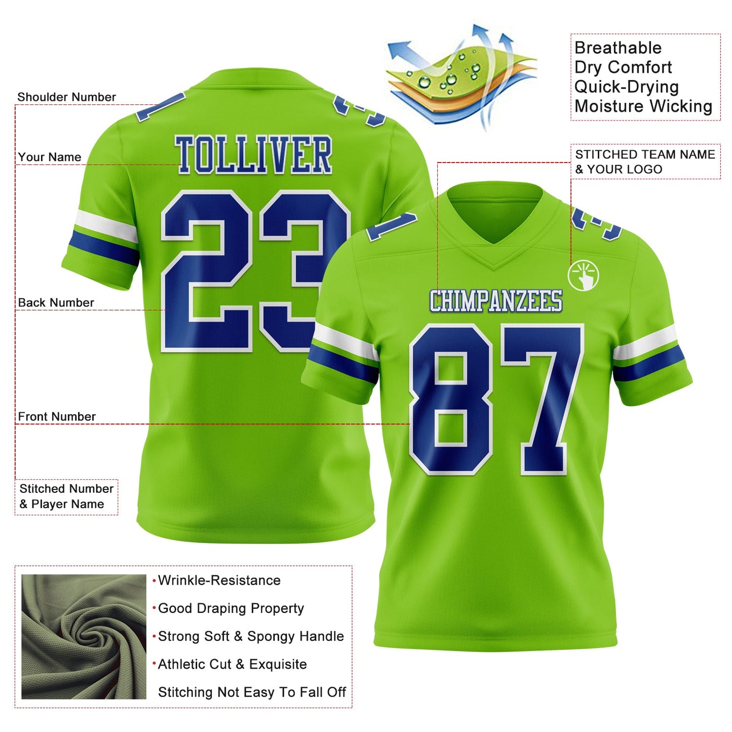 Custom Neon Green Royal-White Mesh Authentic Football Jersey - Sky-Custom