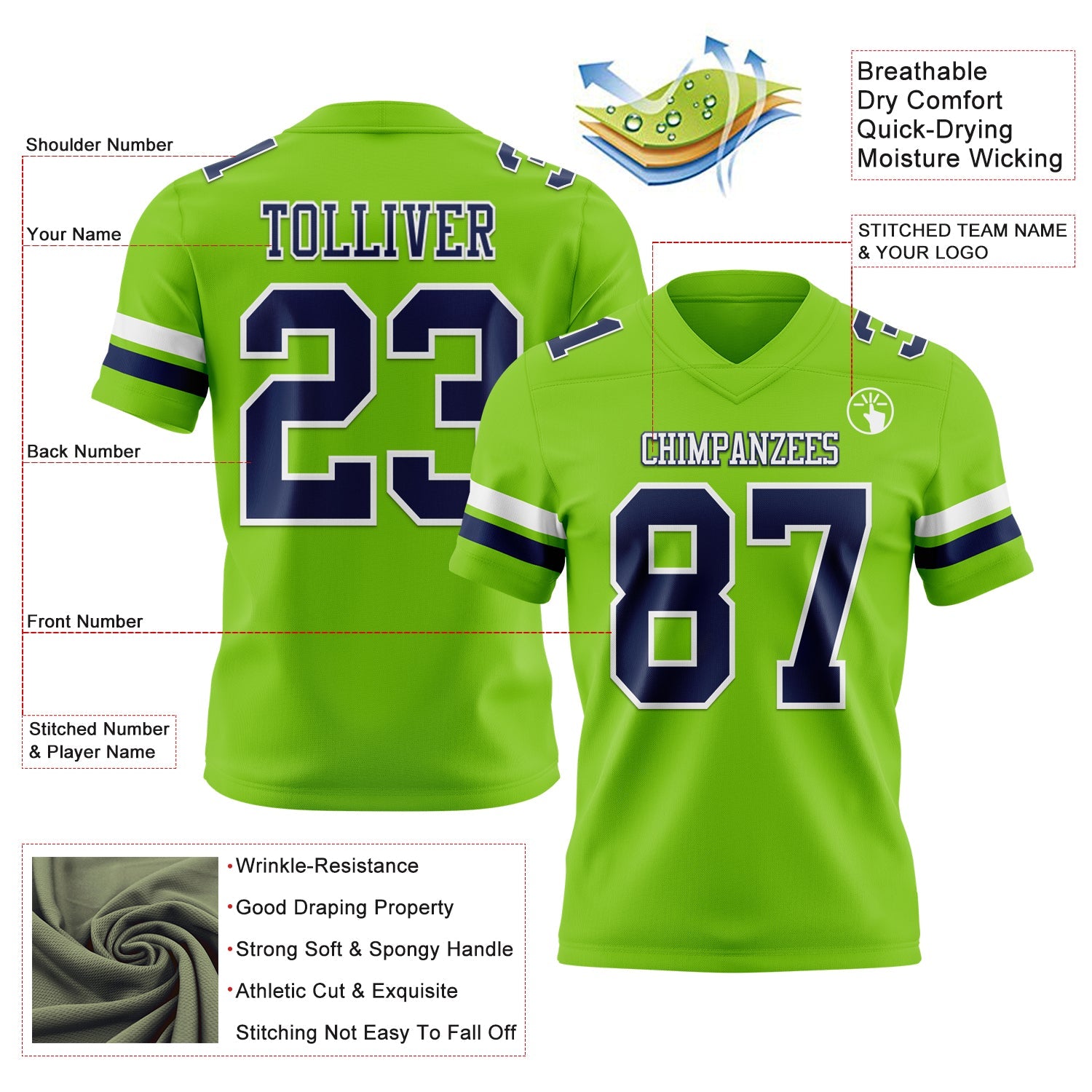 Custom Neon Green Navy-White Mesh Authentic Football Jersey - Sky-Custom