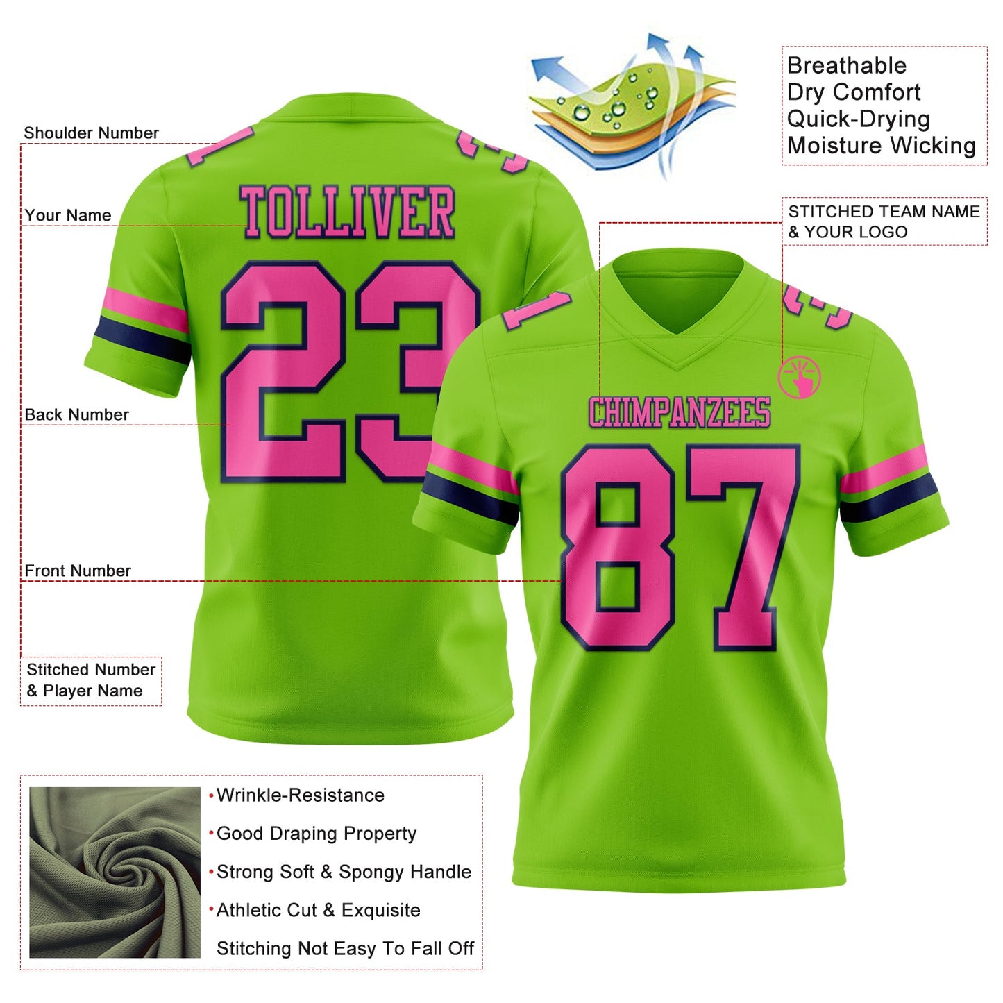 Custom Neon Green Pink-Navy Mesh Authentic Football Jersey - Sky-Custom