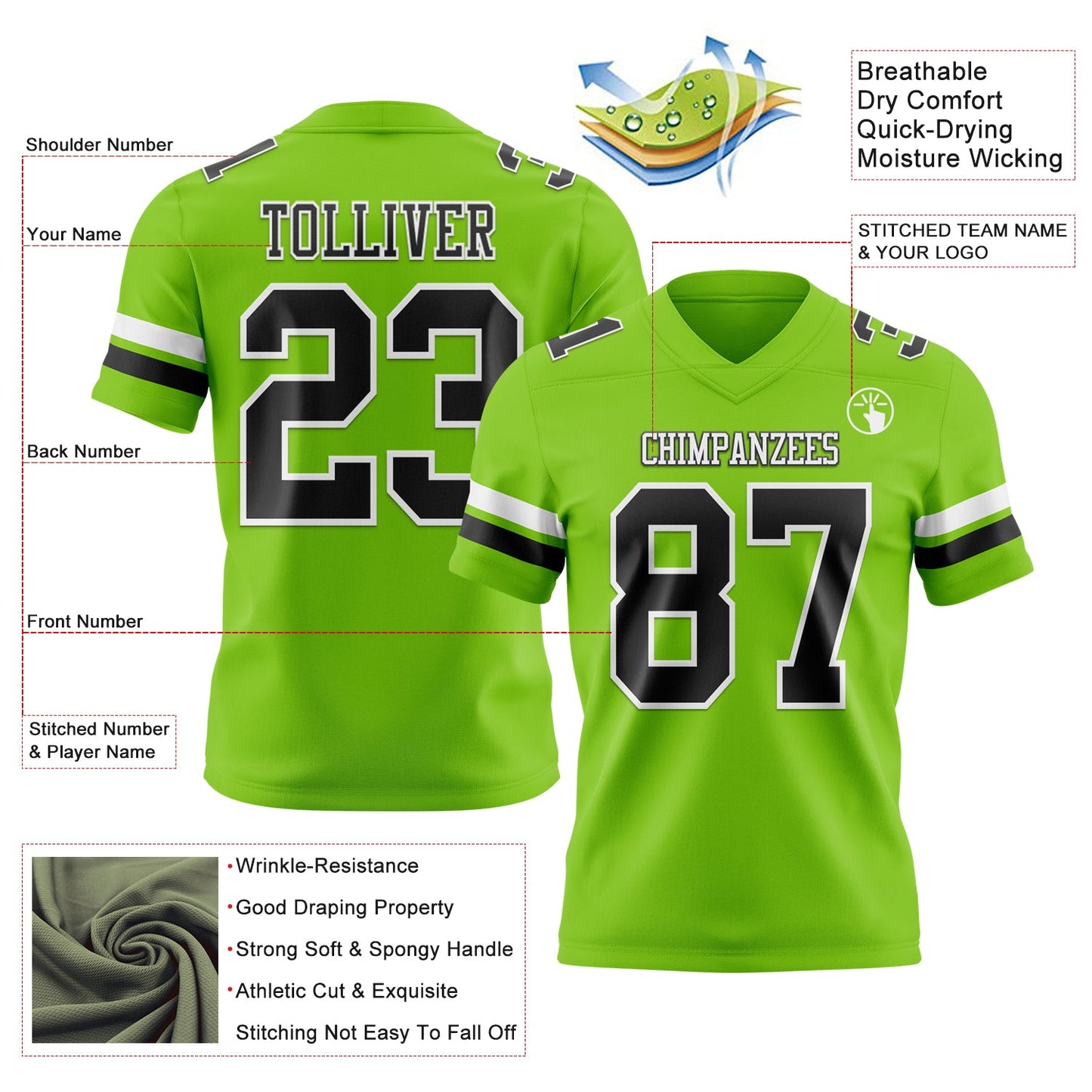 Custom Neon Green Black-White Mesh Authentic Football Jersey - Sky-Custom