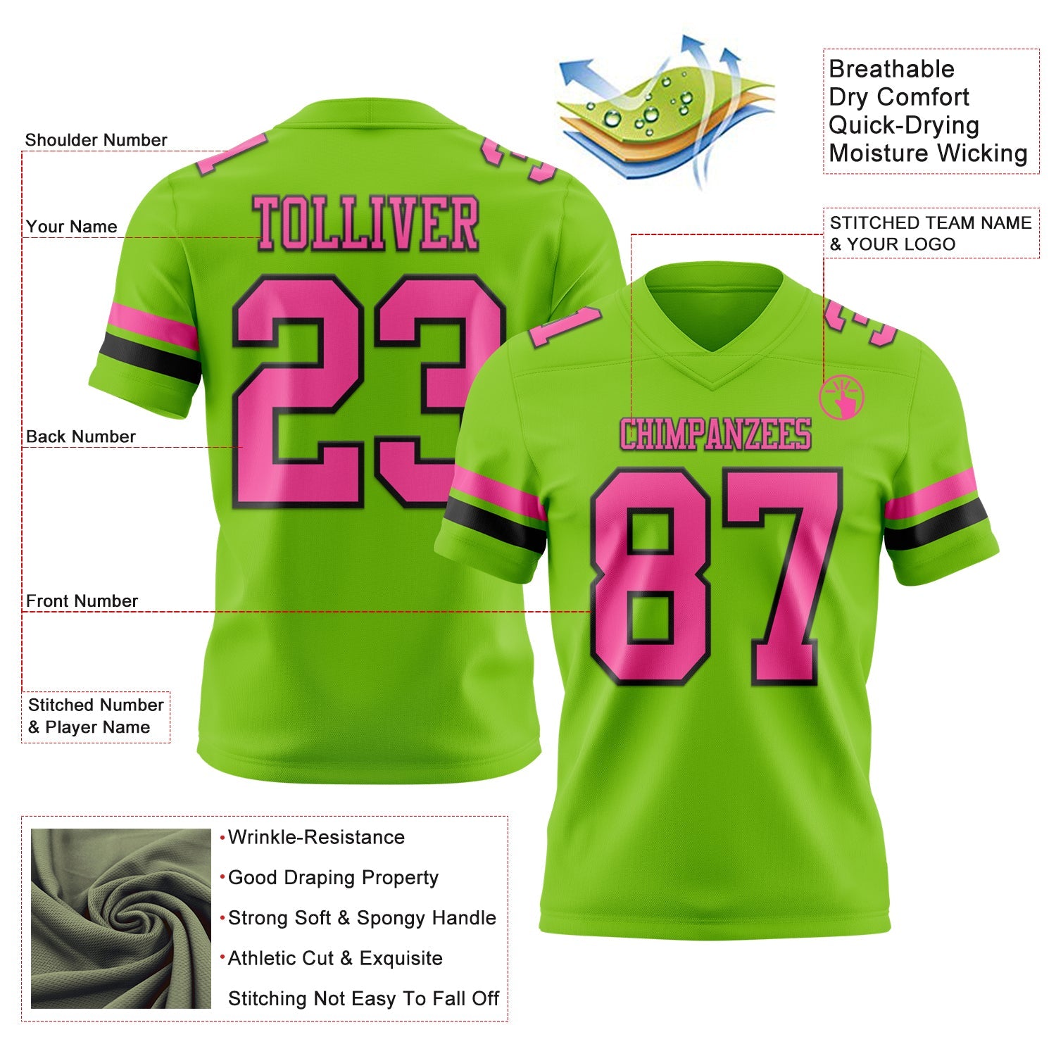 Custom Neon Green Pink-Black Mesh Authentic Football Jersey - Sky-Custom