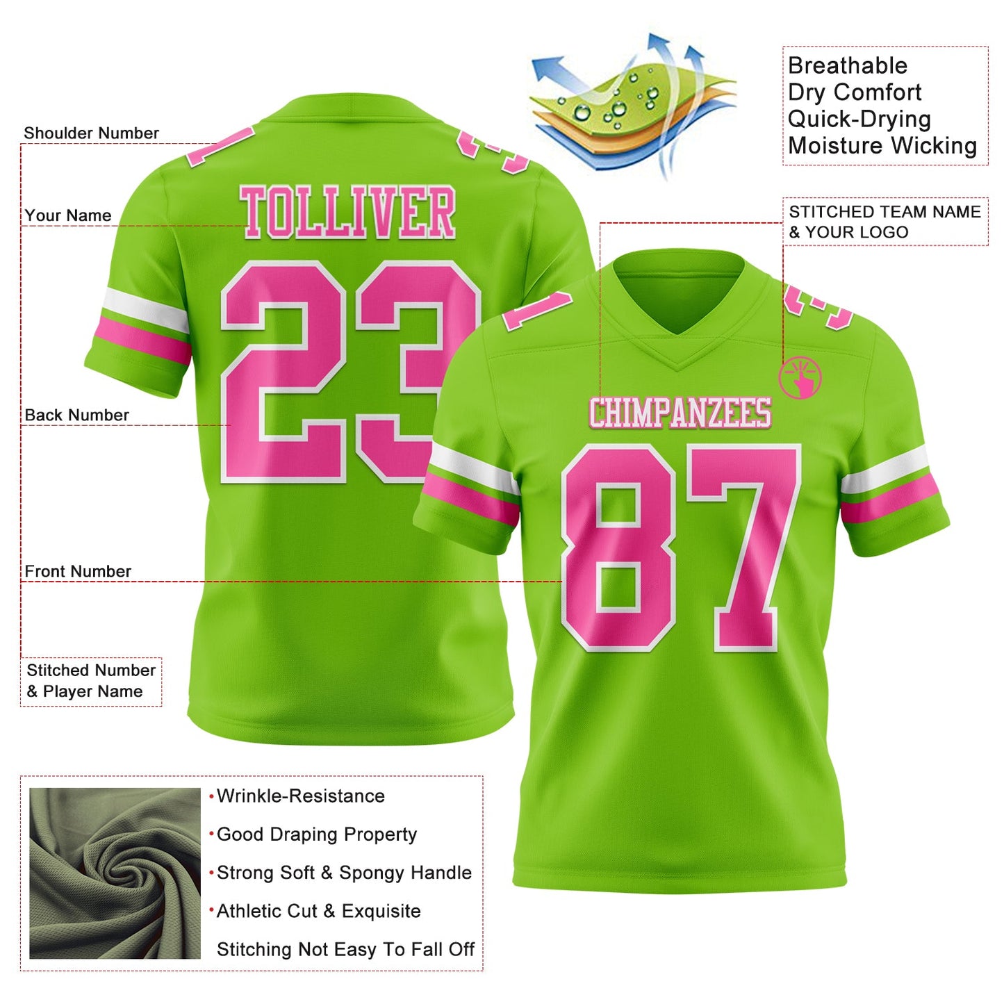 Custom Neon Green Pink-White Mesh Authentic Football Jersey - Sky-Custom